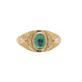 Load image into Gallery viewer, A wide tapered gold ring with a rose cut teal blue tourmaline center stone and pave diamond crescent moons and etched lines radiating outward.