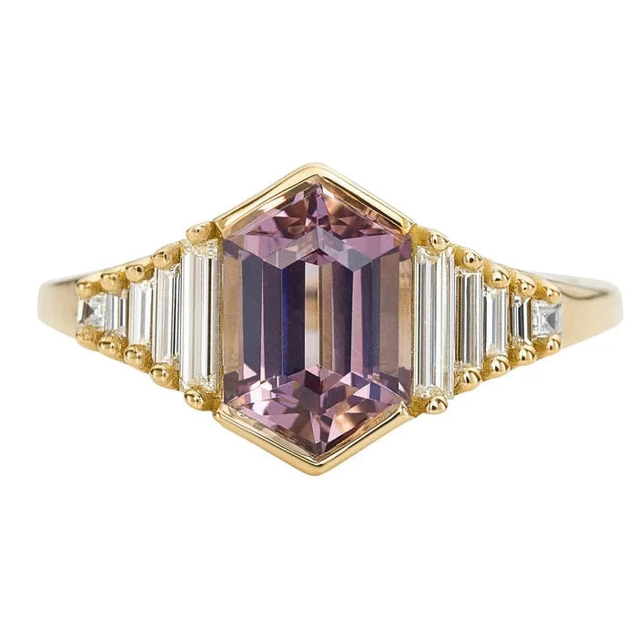 Elongated Hexagon Lilac Spinel & Baguette Diamond Ring