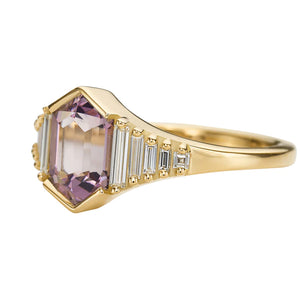 Elongated Hexagon Lilac Spinel & Baguette Diamond Ring
