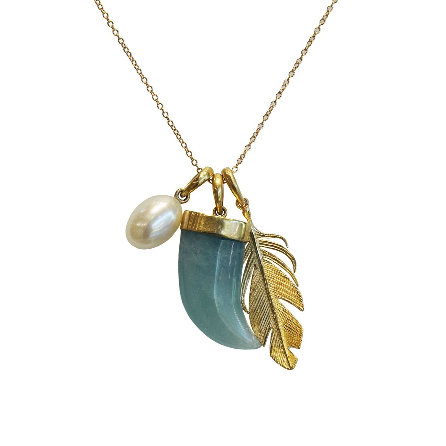 Aquamarine, Pearl and Feather Scavenger Necklace