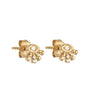 Load image into Gallery viewer, 14k light yellow gold stud earrings featuring a sunburst design with an eye motif at the center, set with a diamond and accented by small gold dot details along the rays.