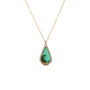 Load image into Gallery viewer, An Ananda Khalsa necklace with a teardrop shaped turquoise cabochon hand-set in 22K yellow gold and oxidized sterling silver, accented by three small white diamonds,  hanging from a 16” 14k yellow gold chain.
