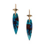 Load image into Gallery viewer, 14k yellow gold drop earrings with carved blue-green chrysocolla stones featuring natural shattuckite inclusions.

