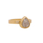 Load image into Gallery viewer,  An Ananda Khalsa grey rose cut pear diamond bezel set center stone in 18k yellow gold with 3 flush set diamond accents on each shoulder. 
