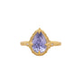 Load image into Gallery viewer, 18k yellow gold ring featuring a one of a kind cornflower blue pear cut sapphire from Sri Lanka with three diamonds on each shoulder by Adel Chefridi. 
