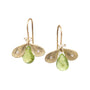 Load image into Gallery viewer, 14k yellow gold bug earrings with faceted peridot drop white diamonds on the wings and pearl eyes. 
