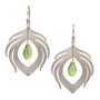 Load image into Gallery viewer, Sterling silver peacock feather earrings with a faceted peridot drop at its center, hanging from 14k yellow gold ear wires, by Annette Ferdinandsen. 
