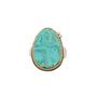 Load image into Gallery viewer, Druzy chrysocholla ring bezel set in 22k yellow gold with two bezel set diamond accents on a sterling silver band by Ananda Khalsa. 
