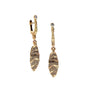 Load image into Gallery viewer, A pair of Alex Sepkus 18k yellow gold leaf-shaped earrings with a textured surface and bezel set white diamonds at the top, connected by a gold post and lever back fastener.
