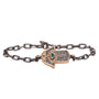 Load image into Gallery viewer, Hamza hand and evil eye bracelet with green emerald bezel set in 10K yellow gold and a sterling silver and diamond encrusted hamza hand.
