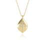 Load image into Gallery viewer, 18k yellow gold satin finish flare pendant with a mix of champagne and white diamonds flush set in a sunburst pattern on the front of the pendant, with delicate open work on the backside, by Adel Chefridi. 
