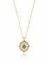 Load image into Gallery viewer, Adel Chefridi 18k yellow gold necklace featuring a central oval blue sapphire surrounded by a ring of white diamonds and a ring of blue sapphires.
