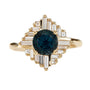 Load image into Gallery viewer, 18k yellow gold one of a kind dark teal sapphire ring surrounded by a burst of baguette diamonds, by Artemer. 
