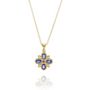 Load image into Gallery viewer, An 18K yellow gold pendant featuring a flower design with four oval blue  sapphires and one round pink sapphire at its center, with small round white diamond accents, by Adel Chefridi.
