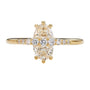 Load image into Gallery viewer, 18k yellow gold two stone diamond engagement ring with two halfmoon cut diamonds seperated by a tow of tapered round brilliant diamonds by Artemer.

