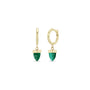 Load image into Gallery viewer, 14k gold small hinged huggie hoop earrings with a single malachite bullet-shaped gemstone dangling from the bottom of each hoop.
