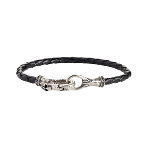 Braided Black Leather Bracelet with Skull Clasp