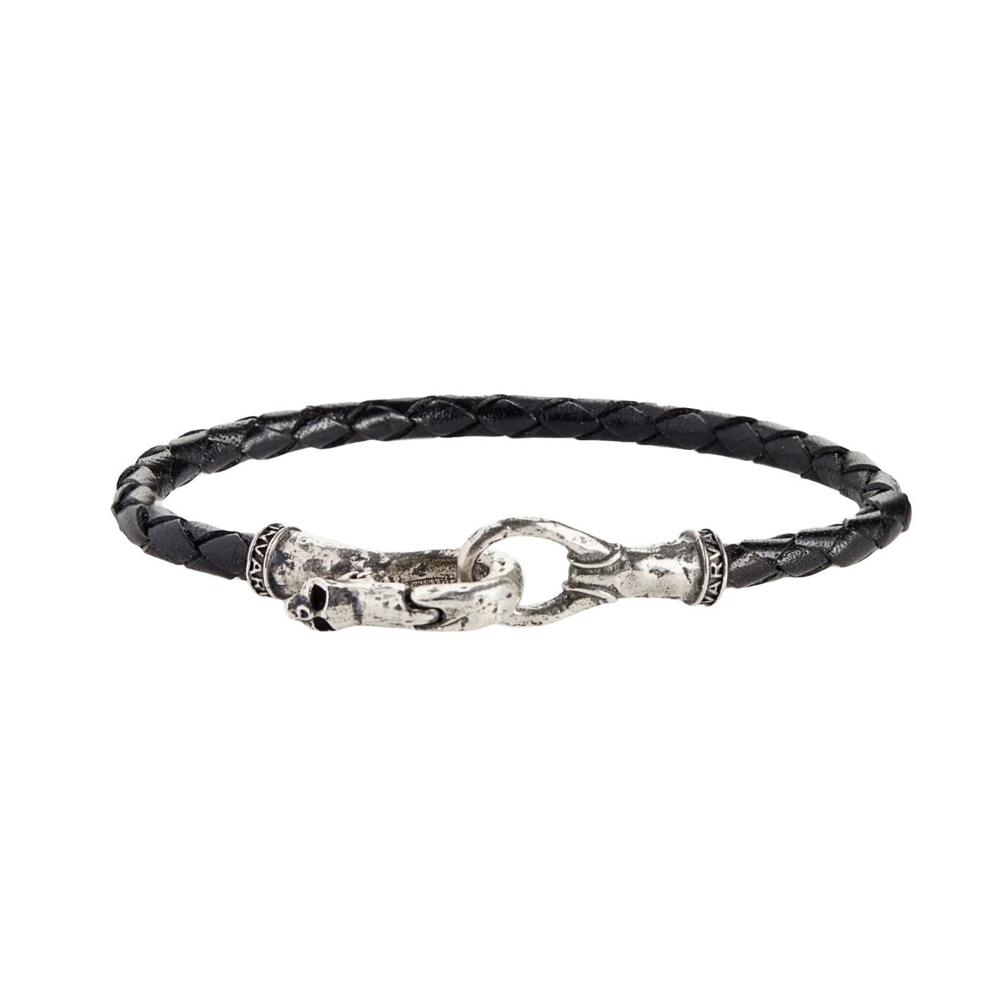 Braided Black Leather Bracelet with Skull Clasp