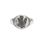 Load image into Gallery viewer, A Digby and Iona sterling silver signet ring with a hand engraved butterfly design on its face.
