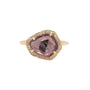 Load image into Gallery viewer, Asymmetrical rose cut pink tourmaline center stone ring with a diamond halo in yellow gold by Celine daoust.
