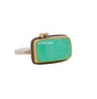 Load image into Gallery viewer, A rectangular cabochon green chrysoprase ring with 2 diamond accents set in 22k yellow gold bezels on a sterling silver back and band. Designed by Ananda Khalsa.
