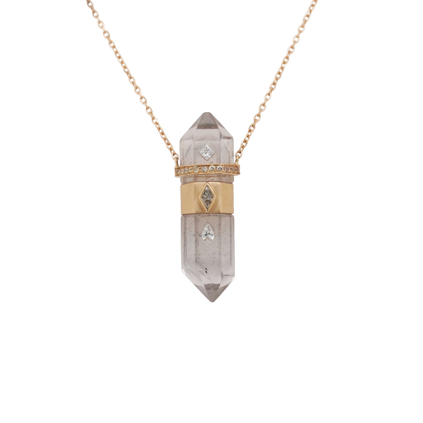 Rough Pencil Quartz with Diamonds Gold Necklace