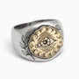 Load image into Gallery viewer, Sterling silver signet ring by Digby &amp; Iona featuring an engraved All-Seeing Eye motif.
