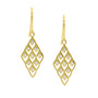 Load image into Gallery viewer, A pair of 18k yellow gold dangle earrings with a Lacey window design featuring 9 brilliant hand set white diamonds in each earring by Adel Chefridi. 

