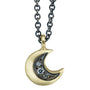 Load image into Gallery viewer, A Sarah Swell 14k yellow gold and oxidized silver crescent moon pendant with three white diamonds on an oxidized chain
