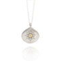 Load image into Gallery viewer, Sterling silver necklace featuring a hand engraved flower motif with an 18k yellow gold center set with a cluster of white diamonds by Adel Chefridi. 
