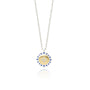 Load image into Gallery viewer, Mixed metal necklace featuring a cluster of four flush set white diamonds in 18k yellow gold surrounded by a sterling silver frame with flush set blue sapphires on a sterling silver chain by Adel Chefridi. 
