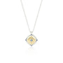 Load image into Gallery viewer, Mixed metal pendant with a central round aquamarine flush set in 18k yellow gold surrounded by a sterling silver scalloped edge flush set with blue sapphire and white diamond accents by Adel Chefridi. 
