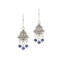 Load image into Gallery viewer, From Adel Chefridi, a pair of Earrings feature 3 blue sapphire beads hanging from each hand-engraved silver charm set with diamonds.
