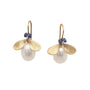 Load image into Gallery viewer, 14k yellow gold jeweled bug earrings with a pearl drop and blue sapphire eyes, by Annette Ferdinandsen. 
