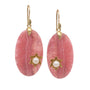 Load image into Gallery viewer, 14k yellow gold earrings with an oval shaped rhodochorsite slice and gold waterliles with a pearl at their center. 
