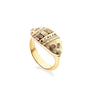 Load image into Gallery viewer, A domed gold band ring with leaf motif and accents of white and natural color diamonds in varying shades of yellow, champagne, and cognac.
