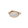 Load image into Gallery viewer, A gold and silver ring featuring an oval cabochon moonstone face with two small round diamond accents on the top by Ananda Khalsa
