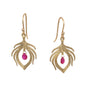 Load image into Gallery viewer, 14k yellow gold peacock shaped earrings with a single faceted ruby drop at their center, by Annette Ferdinandsen.
