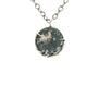 Load image into Gallery viewer, Back of a Digby &amp; Iona sterling silver necklace featuring a green moss agate pendant with a carved serpent and an engraved crow on a chain.
