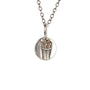 Load image into Gallery viewer, Sterling silver pendant necklace featuring a small trash can engulfed in flames, crafted with 14k rose gold inlay for the fire details. Designed by Digby &amp; Iona.
