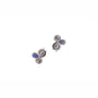 Load image into Gallery viewer, A pair of Alex Sepkus platinum stud earrings each one with a blue sapphire and a white diamond, set within swirling designs.

