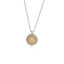 Load image into Gallery viewer, Sterling silver and 18k yellow gold round pendant with for white diamonds set at the center with darkened engravings around the rim hanging on a silver chain by Adel Chefridi. 
