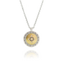 Load image into Gallery viewer, 18k yellow gold and sterling silver round pendnat with a mix of white diamonds and blue sapphires on a sterling silver chain by Adel Chefridi. 
