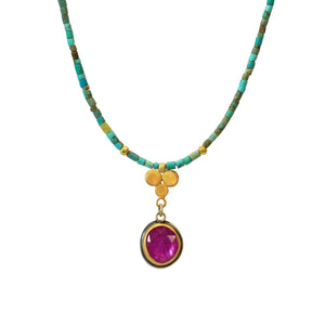 Green Turquoise Heishi Beaded Necklace with Ruby Charm
